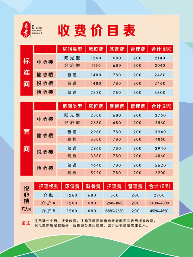 收费标准-威海东发老年公寓